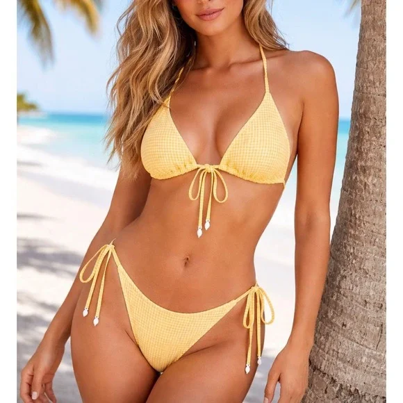 Yellow Gingham Triangle Bikini Set Cowrie Shell Ties Womens Size Medium New - Picture 1 of 7